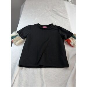 Say What Tween 10-12 Black Tshirt With Vibrant Faux Fur Sleeves Retro Unique EUC